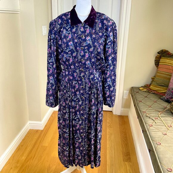 Vintage Dress Maxi Paisley Print Velvet Collar Button Down Petite Halmode (14) - Picture 1 of 8